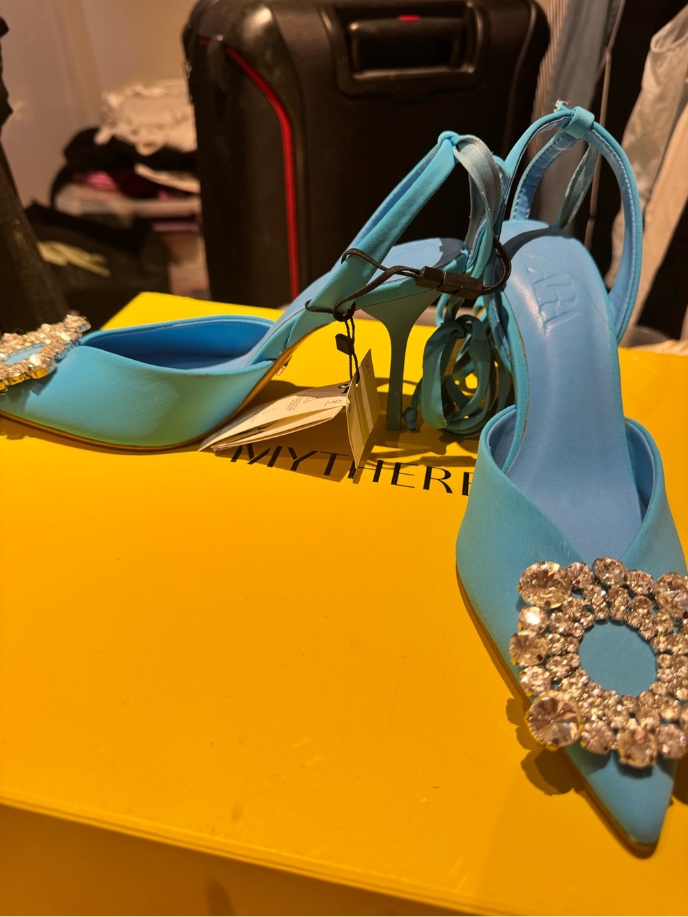 Zara Turquoise Crystal-Embellished Slingback Heels